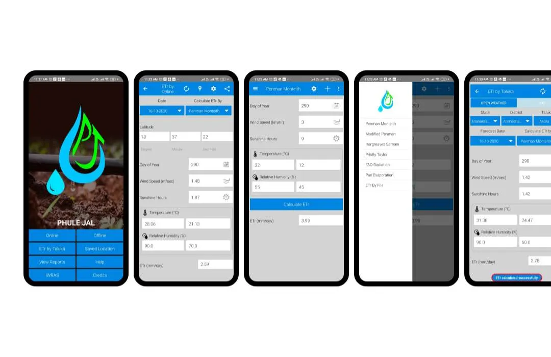 Phule Jal app screens — home dashboard, ET calculator by Penman-Monteith, method picker and taluka-level lookup for offline use.