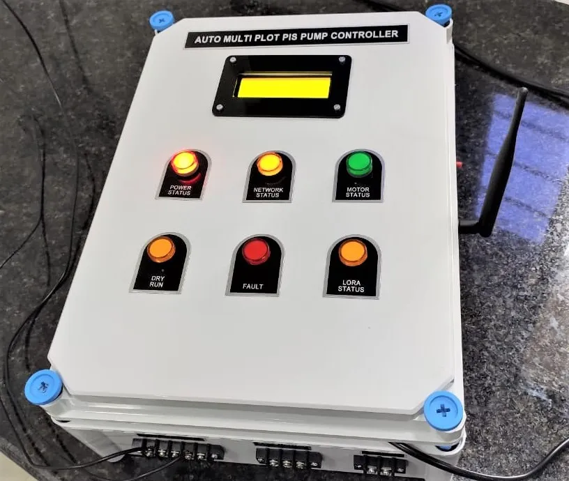 Auto Multi Plot PIS Pump Controller — enclosed box with power, network, motor, dry run, fault and LoRa status indicators.