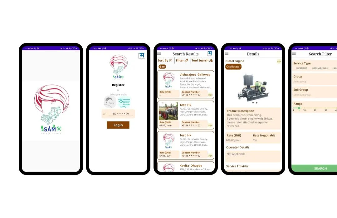 SAM app screens — brand splash, register flow, search results with equipment listings, item details and filter.
