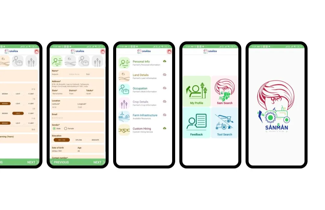 Sanman app screens — farmer profile, land details entry, occupation, and the home dashboard with quick actions.