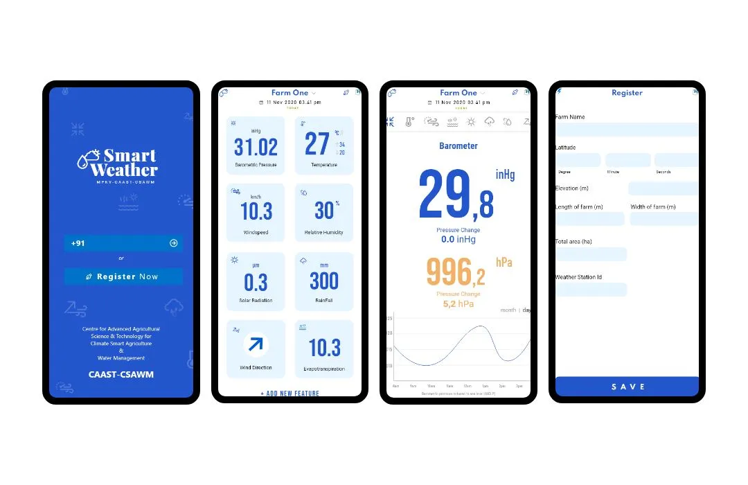 Smart Weather app screens — registration, live conditions (temperature, humidity, wind, solar radiation), barometer pressure trend and farm setup form.